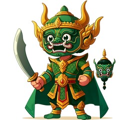 Giant, Demon, Fierce green warrior wearing a traditional demon mask, wearing golden armor, and the character represents strength and determination, and looks mysterious.
The fierce green warrior weari
