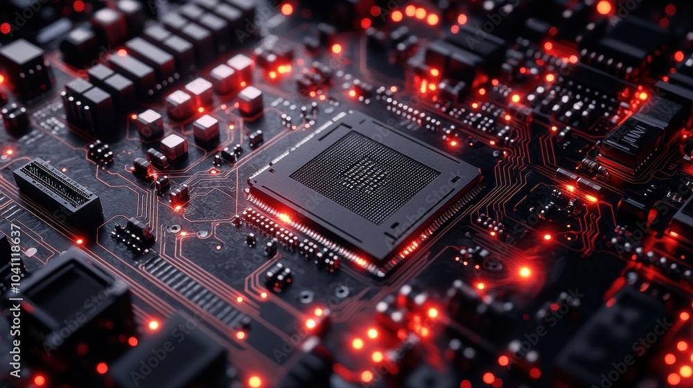 Poster close-up of a circuit board with a central processor and lights.
