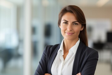 Professional female manager with a warm smile stands confidently in a modern office during a sunny workday