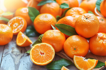 Mandarins with leaves. Colorful summer food.	
