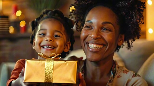 A black mother and her daughter share a joyful moment, unwrapping a Christmas gift together. Festive lights in the background. Boxing Day, Family bonding. 