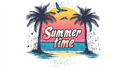 A retro-style summer time graphic design with palm trees, a sunset, and a beach.