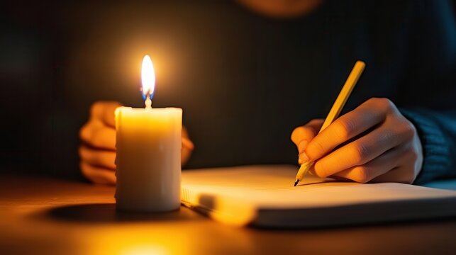 A serene scene of a person writing in a notebook by candlelight, creating a warm and intimate atmosphere for reflection and inspiration.