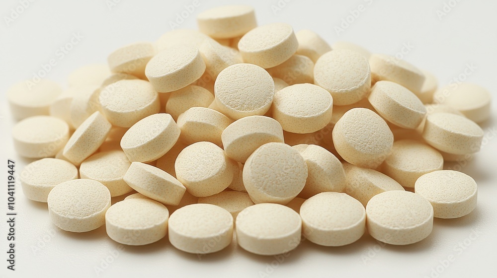 Poster white round tablets stacked together on a plain surface, highlighting their uniform shape and textur
