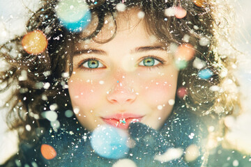 Close-up portrait of a young woman with curly hair and green eyes blowing colorful confetti in the snow. The snow is falling heavily, with soft, pastel colors and an ethereal, dreamy effect. 