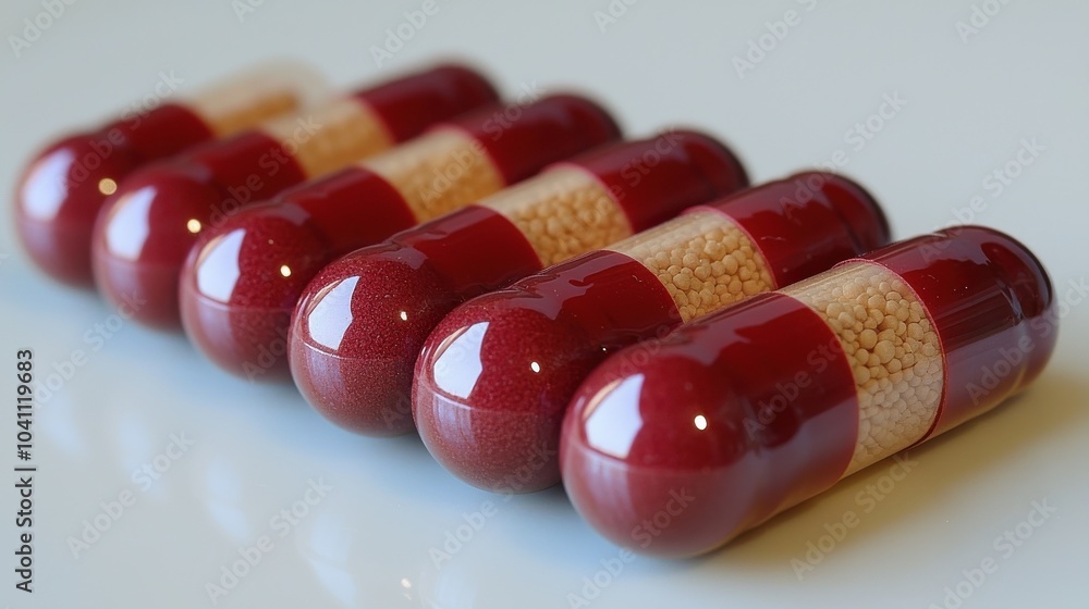 Poster close-up view of red and white capsules displayed neatly on a surface in a clinical setting during t