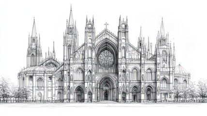 Fototapeta premium Detailed architectural illustration of a grand cathedral facade.
