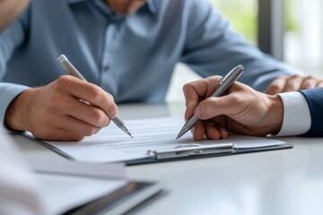 Solicitor guiding clients in reviewing an insurance contract during an office meeting in a modern workspace