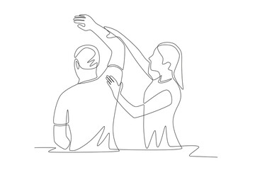 Physiotherapists assist patients during rehabilitation. Patient rehabilitation concept one-line drawing