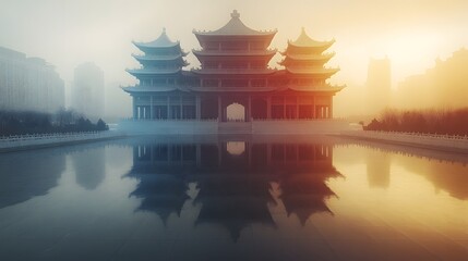 Fototapeta premium Papercut illustration of a dazzling ice castle glowing in bright colors during the Harbin Ice Festival night celebration