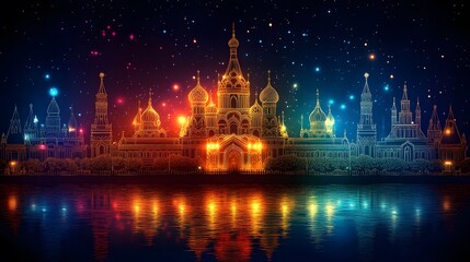 Obraz premium Papercut illustration of a dazzling ice castle glowing in bright colors during the Harbin Ice Festival night celebration