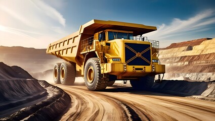 Yellow mining truck. Open pit mining, Generative ai