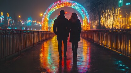 Vector scene of illuminated ice sculptures at the Harbin Ice and Snow Festival, with twinkling lights reflecting on the frozen art