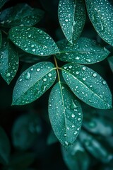 Fototapeta premium Close-up of Green Leaves Covered in Raindrops