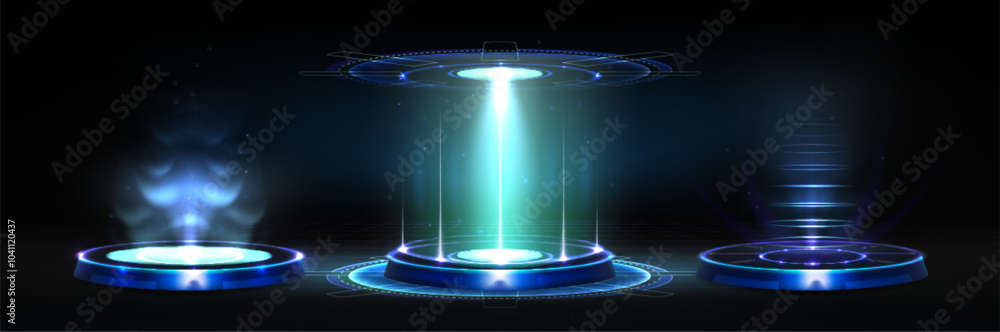 Poster futuristic hi tech portal with blue neon light glow effect for game ui design. realistic 3d vector i
