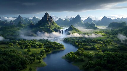 A dramatic aerial view of a winding river leading to a breathtaking waterfall, with vibrant greenery lining the banks and rocky outcrops adding texture to the landscape, showcasing the beauty 