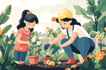 Two young girls are gardening together in their backyard. They are both smiling and look happy to be spending time together.