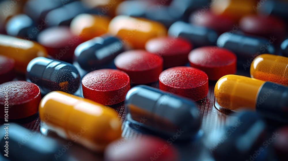 Poster a close-up view of assorted capsules and tablets resting on a reflective surface, showcasing vibrant