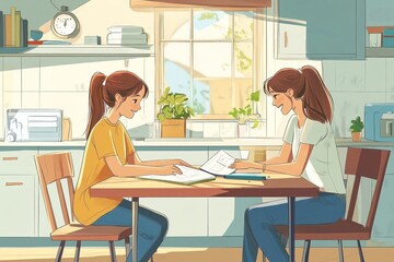 Fototapeta premium Two young women sitting at a kitchen table, looking at a book together, smiling.