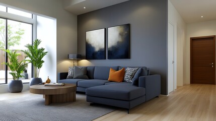 Contemporary living room with a gray sectional, blackandwhite art, and metal accents, contemporary gray living room, sophisticated and sleek