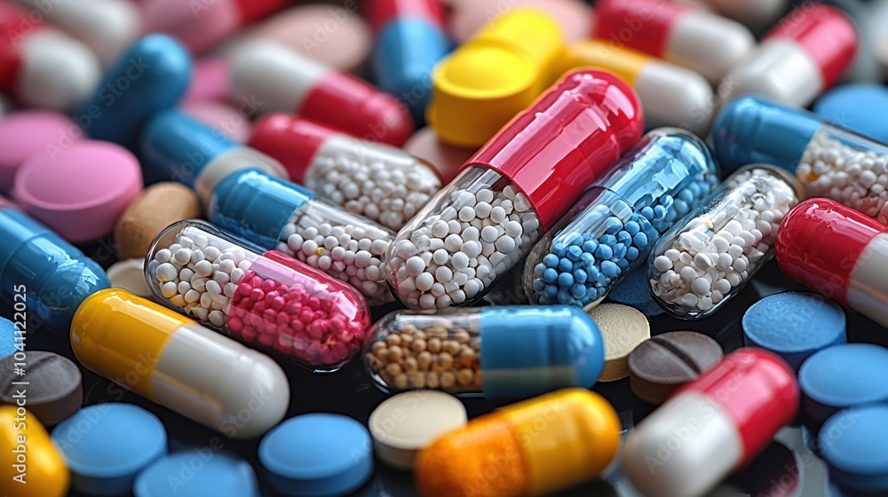 Poster a colorful assortment of various medications and capsules scattered across a surface with different 
