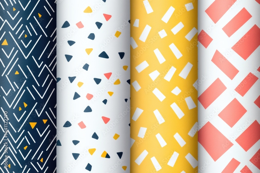 Poster four unique patterns in different colors with geometric shapes and lines