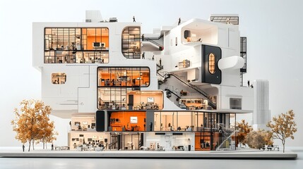 Overhead cross section showcasing the intricate layout and functionality of a customer service center highlighting call center floors tech support rooms and other key areas