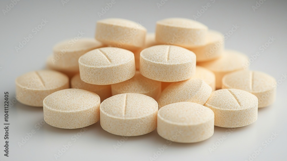 Poster a collection of pale yellow tablets stacked on a smooth surface, emphasizing their round shape and s