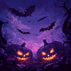 illustration vector of scary halloween party background at night, glowing scary pumpkins, bats flying, dark purple colors