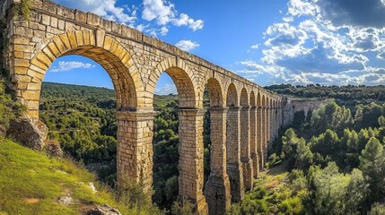 A stone aqueduct with multiple arches spanning a valley, with lush green trees and a blue sky with white clouds in the background.