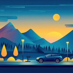 Wireless Electric Vehicle Charging Landscape at Sunset
