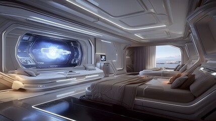 Obraz premium Futuristic interior of an advanced animal hospital operating suite featuring holographic displays showing real time pet vital signs and medical data The scene depicts a high tech