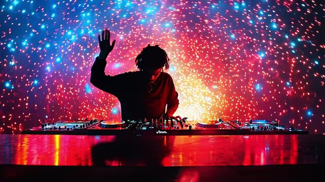 Silhouetted DJ performing with raised hand in front of fireworks, generative ai