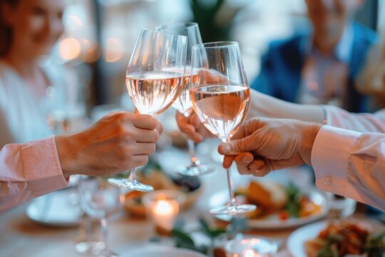 A group of friends or family gathered around the table, clinking their wine glasses together in a toast