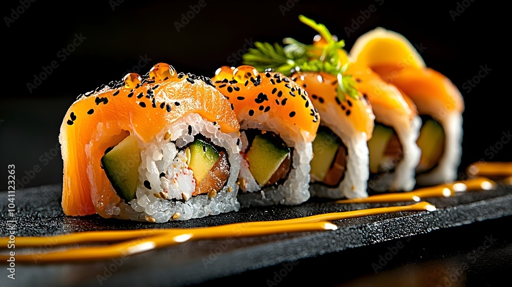 Poster vibrant cross section view of an assortment of sushi rolls highlighting the diverse range of filling