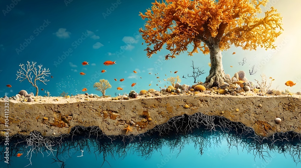 Poster vibrant cross section of a thriving coral reef ecosystem with a diverse array of small marine creatu