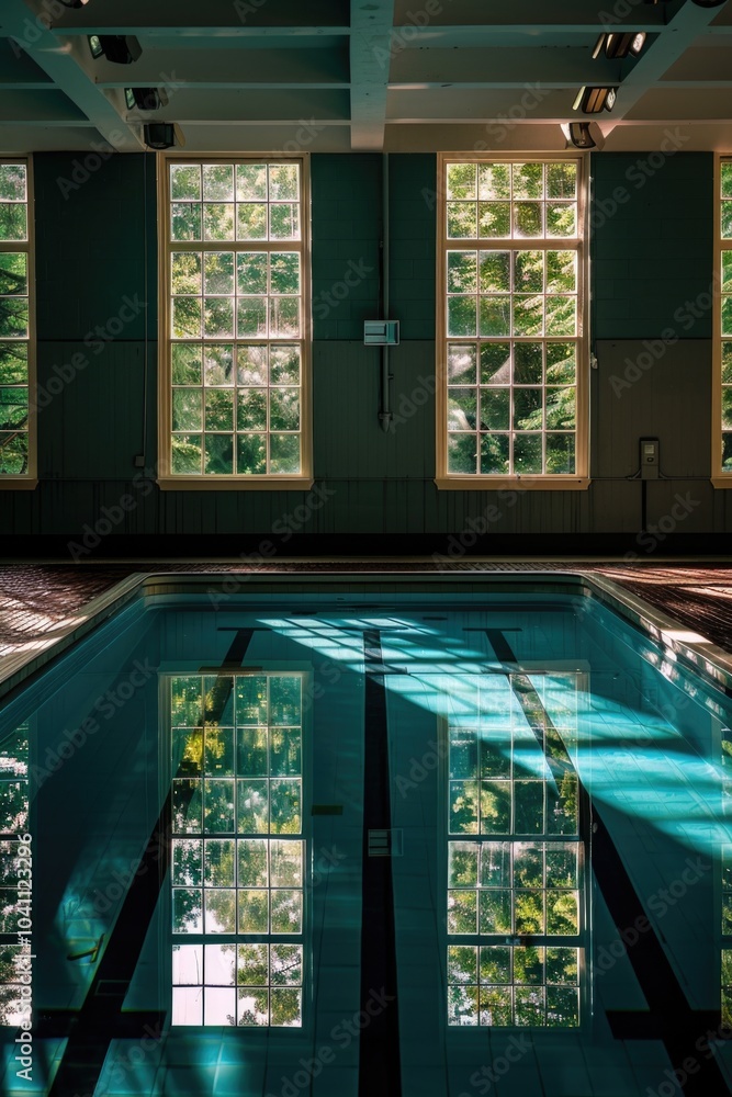 Poster a pool in a modern building with windows reflecting in the water, perfect for architectural or inter