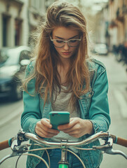 Young woman in glasses and turquoise denim jacket checks her smartphone while leaning on her bicycle handlebars in an urban street setting.