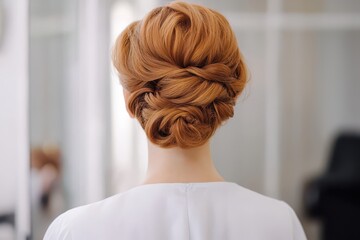 Stylish artistic updo in a beauty salon featuring textured layers and a modern twist for a chic look.
