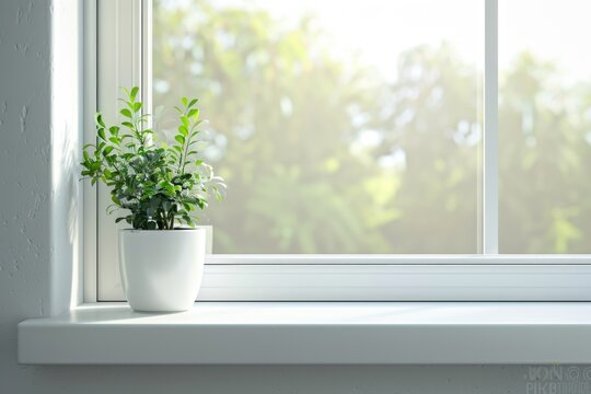 Fototapeta A potted plant sitting on a sunny windowsill, perfect for indoor spaces or gardening inspiration