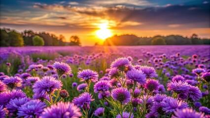 Fototapeta premium A field of delicate purple flowers blooms under the glow of a vibrant sunset, their soft petals reaching towards the golden rays of the sun, creating a breathtaking scene of natural beauty.
