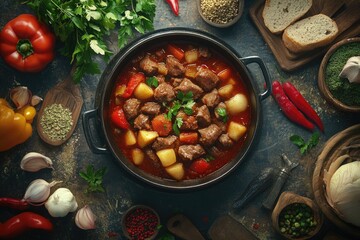 A pot filled with meat and vegetables on a table, great for stock photography and food images
