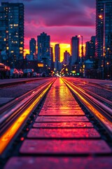 Obraz premium Tram Tracks Reflecting a Vibrant Urban Sunset