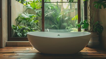 A modern bathroom fixture in front of a window, perfect for relaxing and enjoying the view