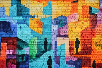 Bricks used as a canvas for a mural, depicting a vibrant street scene, blending art and urban culture, perfect for creative projects and city life visuals, emphasizing expression and creativity 