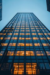 A Modern Skyscraper with Illuminated Windows at Dusk