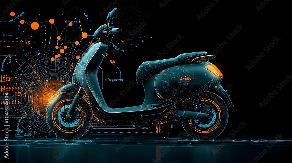 Poster sleek mesh outline of an electric scooter parked in a futuristic urban setting with vibrant light pa