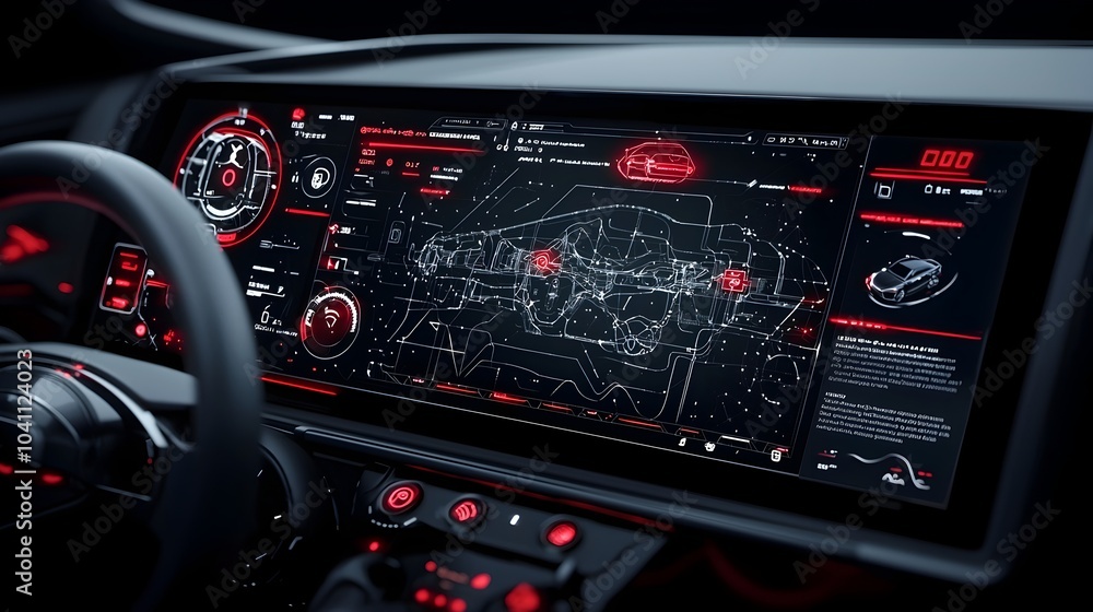 Poster striking mesh pattern of a futuristic car dashboard featuring glowing digital displays gauges and ad