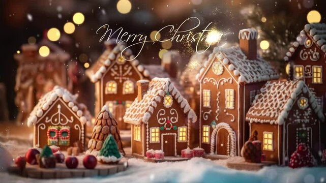 Background with christmass greeting. Christmas gingerbread houses on wooden table with bokeh background and snowfall. Festive scene with holiday pastries.