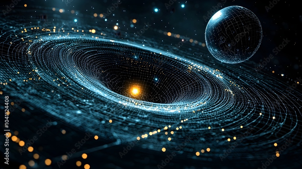 Poster visualization of gravitational waves flowing and tracing through the vast ethereal expanse of the co